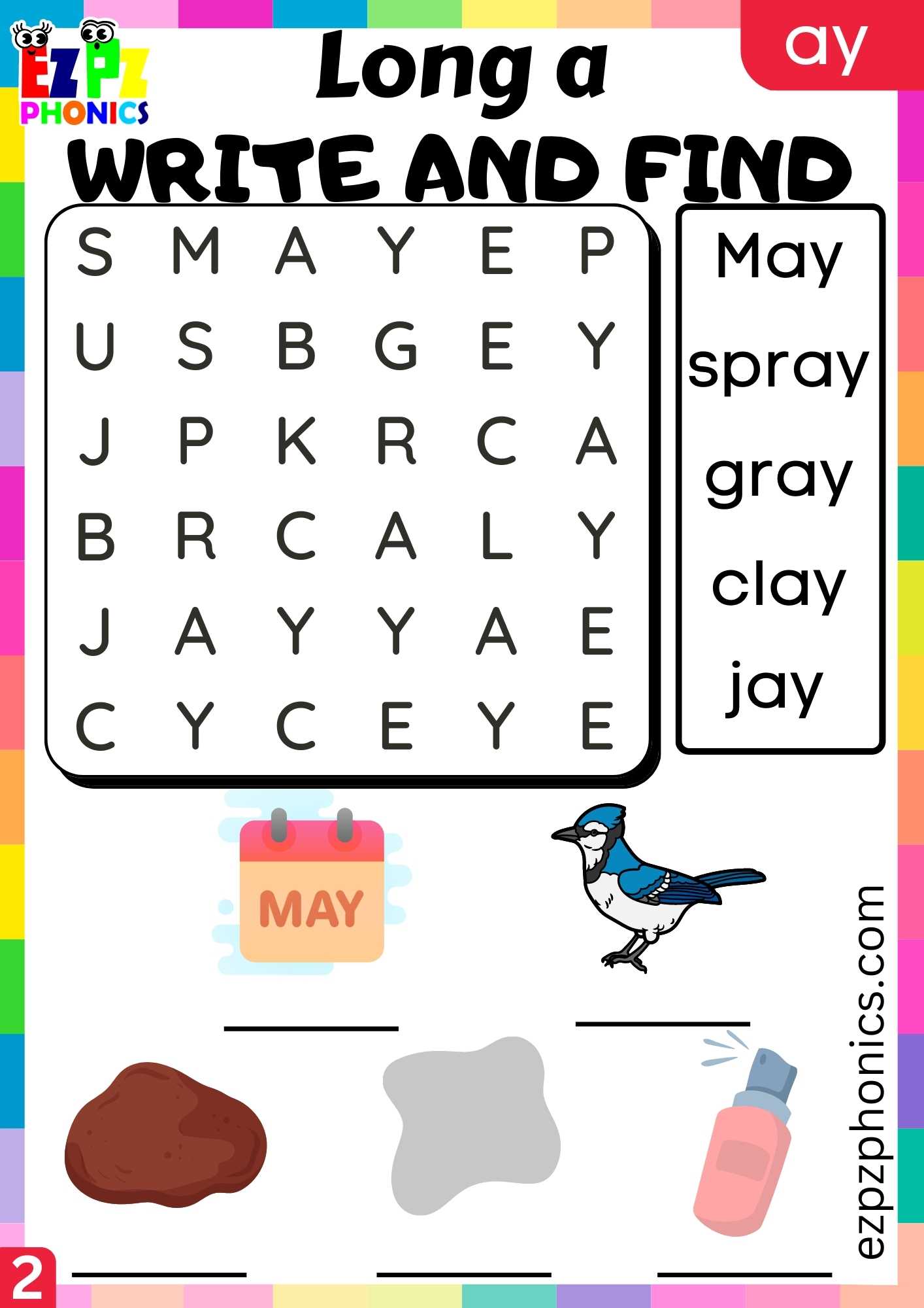 Group2 AY Words Write And Find Long A Phonics Worksheet